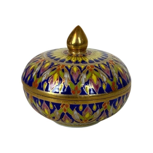 Thai Benjarong Porcelain Bowl Trinket Dish with Lid Hand Painted Blue Gold - Picture 2 of 6